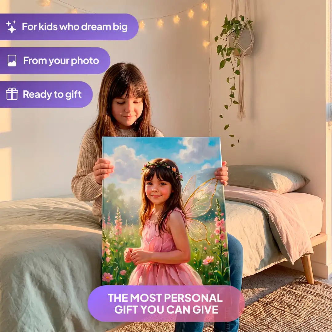 Girl holding a Garden Fairy canvas portrait from Milo Portrait in a bedroom.
