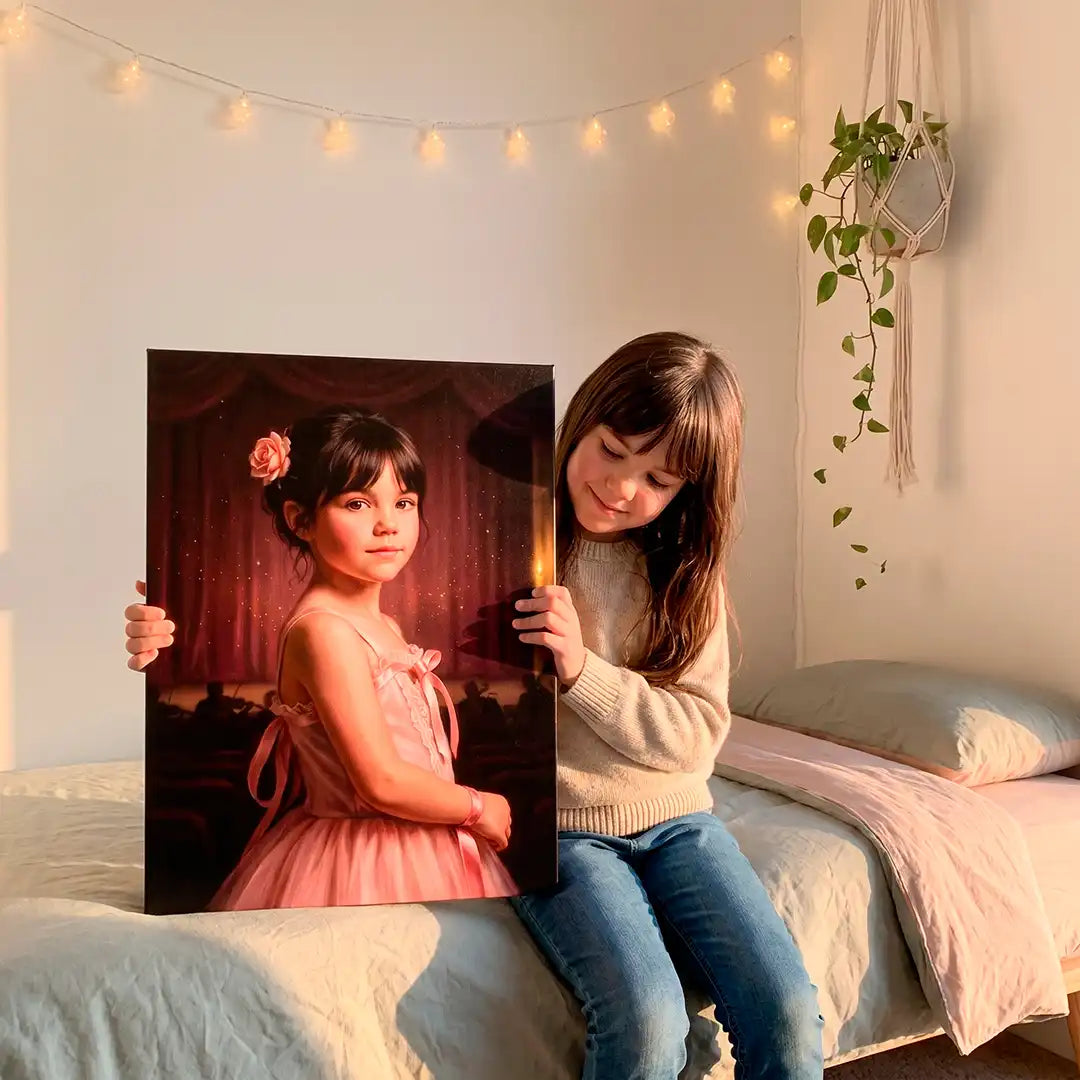 A young girl sits on a bed in a cozy bedroom, holding up a large custom portrait canvas print of herself in a pink dress. The room has warm string lights, a hanging plant, and soft pink bedding.