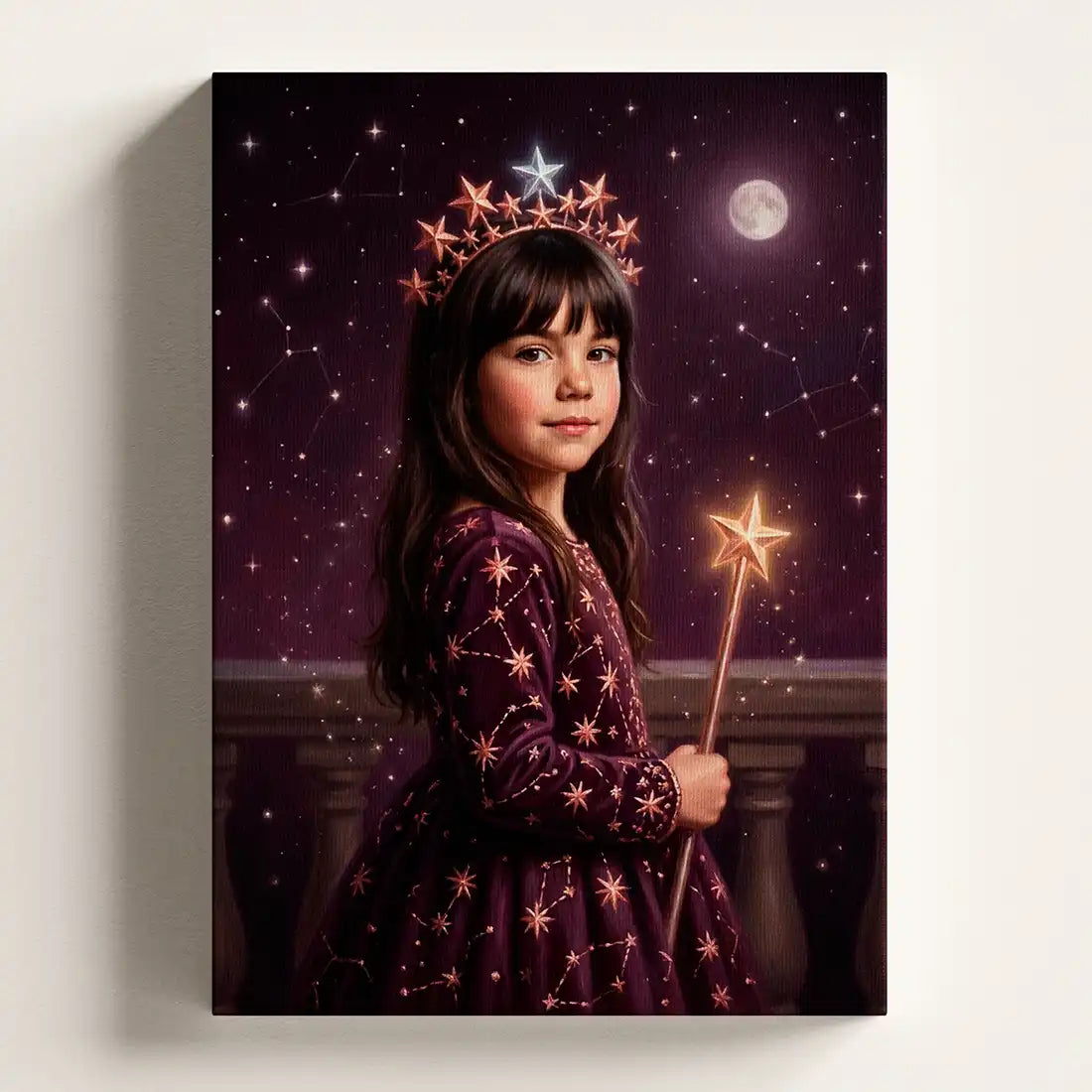 A vertical canvas wall art print depicting a young girl in a star-patterned purple dress and crown, holding a glowing wand against a starry night sky with a moon, shown mounted on a light beige wall.