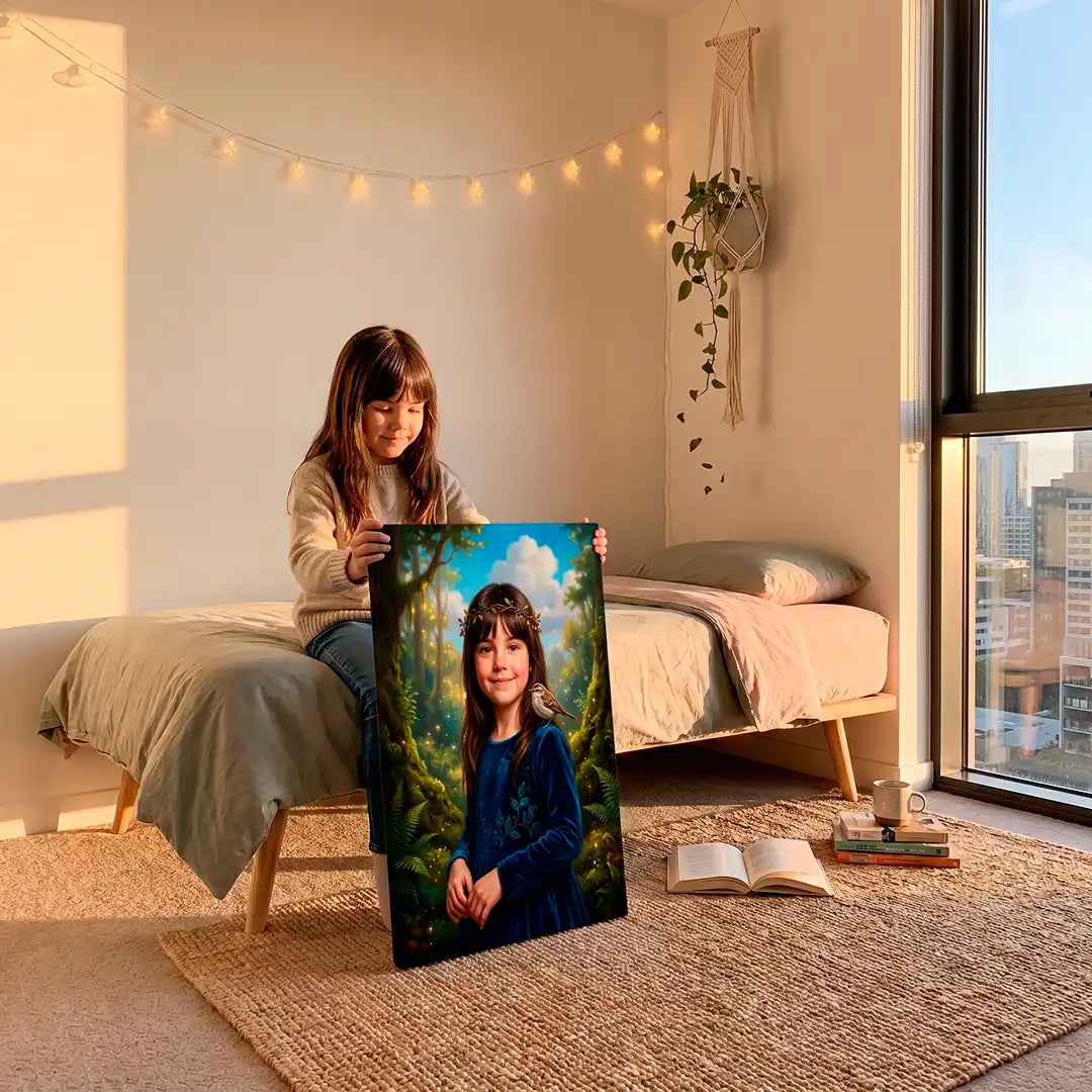 A young girl sits on a bed in a cozy, sunlit bedroom holding up a vertical canvas print of her own portrait painted in a forest scene. The room features warm lighting, a string of fairy lights, a macrame wall hanging, and a large window showing a city skyline.