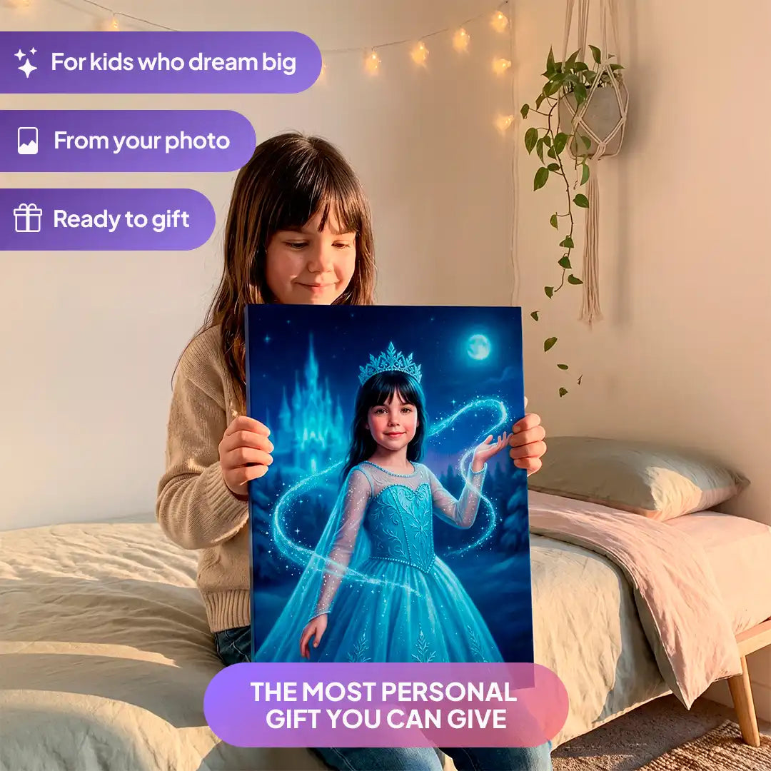 Girl holding an Ice Princess canvas portrait from Milo Portrait in a bedroom.