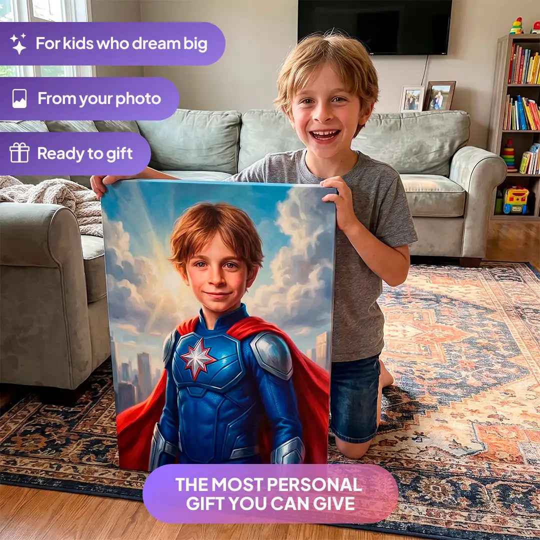 Boy holding a Superhero canvas portrait from Milo Portrait in a living room.