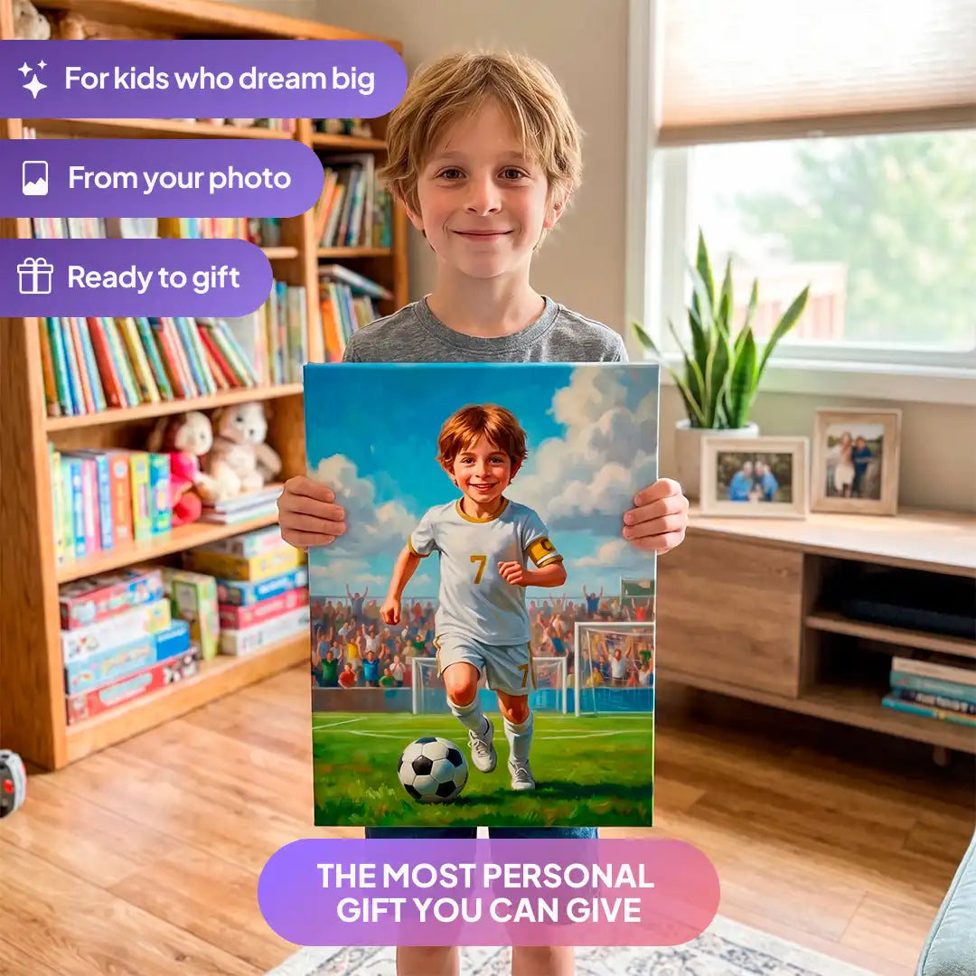 Boy holding a Goal Striker canvas portrait from Milo Portrait in a living room.
