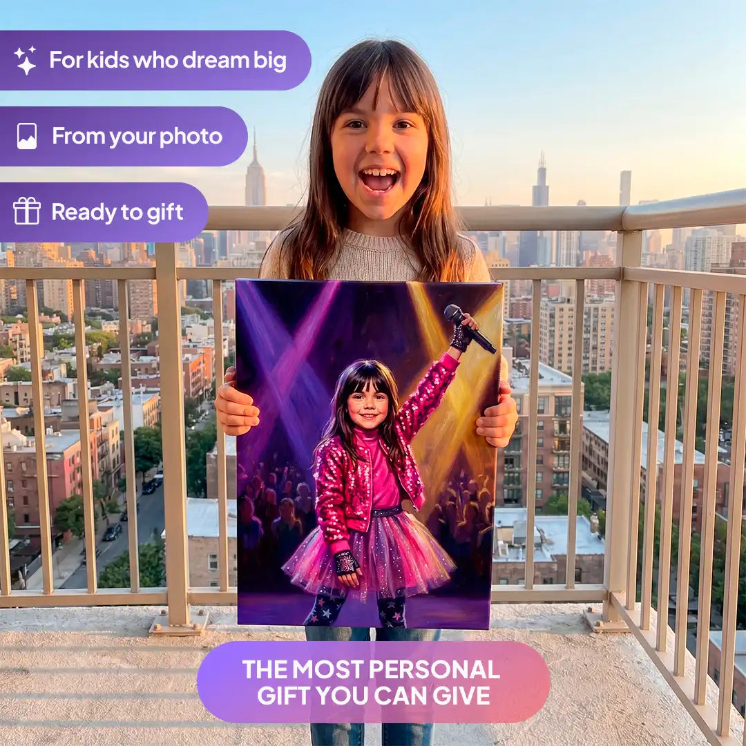 Girl holding a Popstar Singer canvas portrait from Milo Portrait on a balcony.