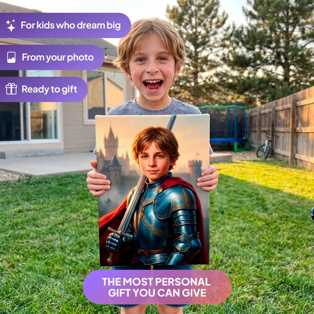 Boy holding a Steel Knight canvas portrait from Milo Portrait in a garden.