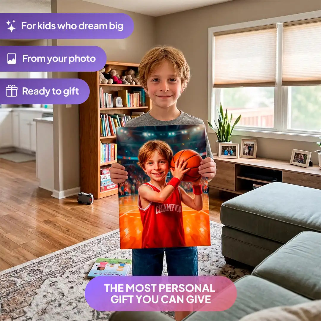 Boy holding a Basketball Champion canvas portrait from Milo Portrait in a living room.