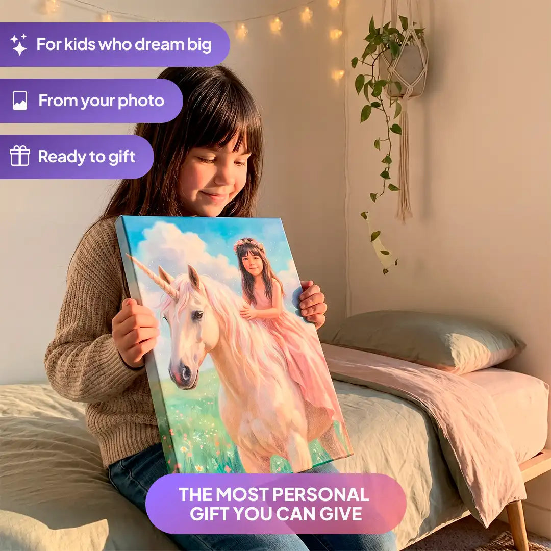 Girl holding a Meadow Unicorn canvas portrait from Milo Portrait in a bedroom.