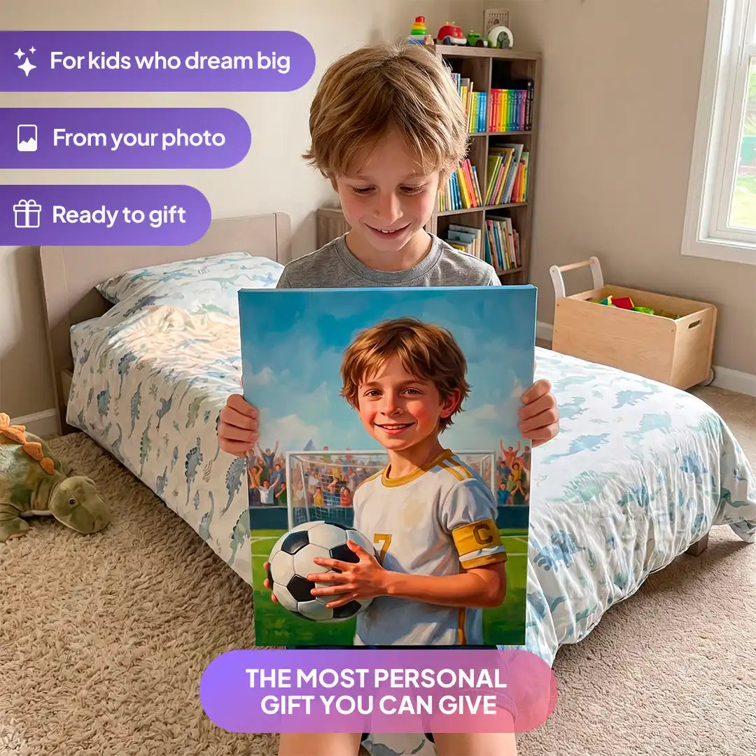 Boy holding a Soccer Champion canvas portrait from Milo Portrait in a bedroom.