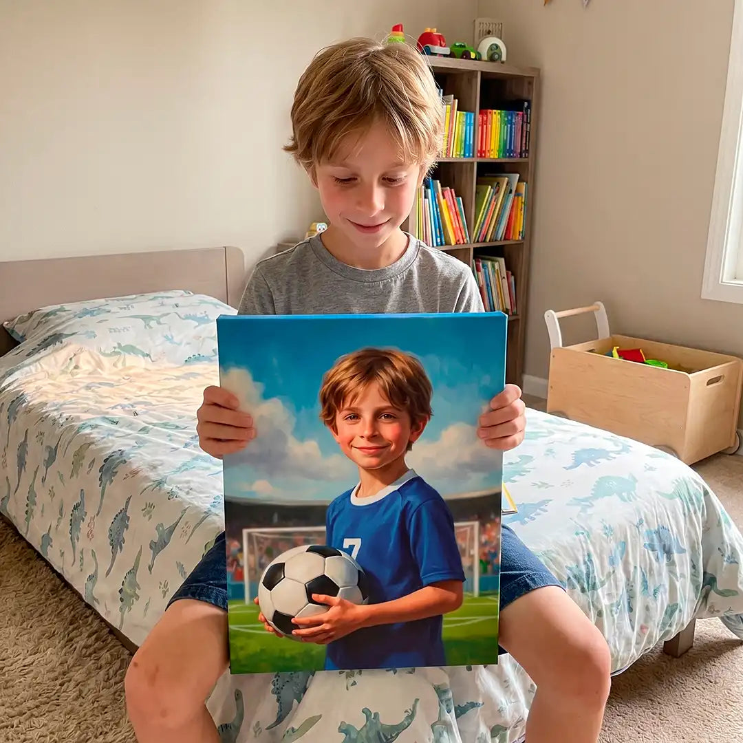 A young boy sits on a bed in a child's bedroom, holding up a custom canvas print of his own portrait. The canvas shows him smiling and holding a soccer ball, wearing a blue jersey.