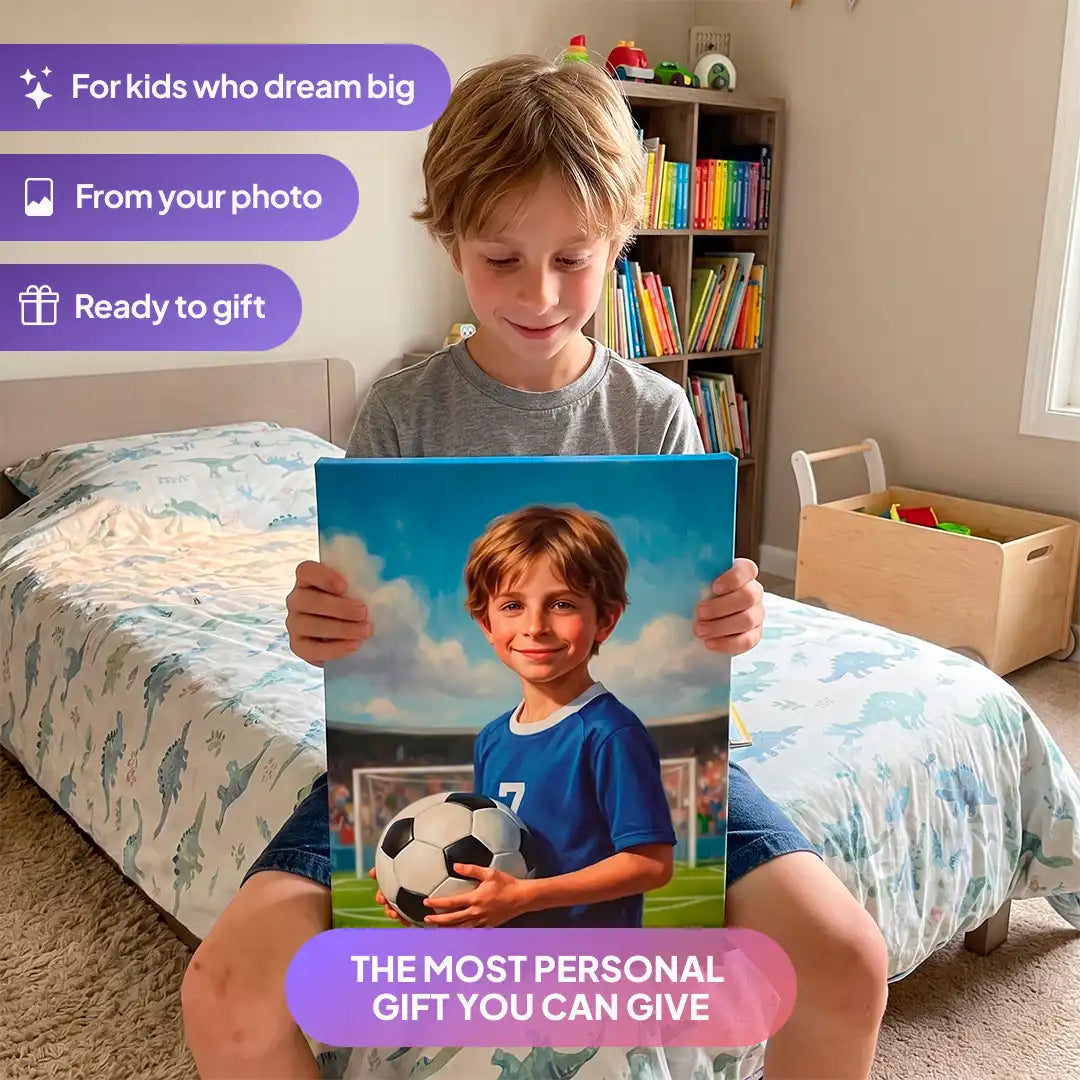 Boy holding a Soccer Captain canvas portrait from Milo Portrait in a bedroom.