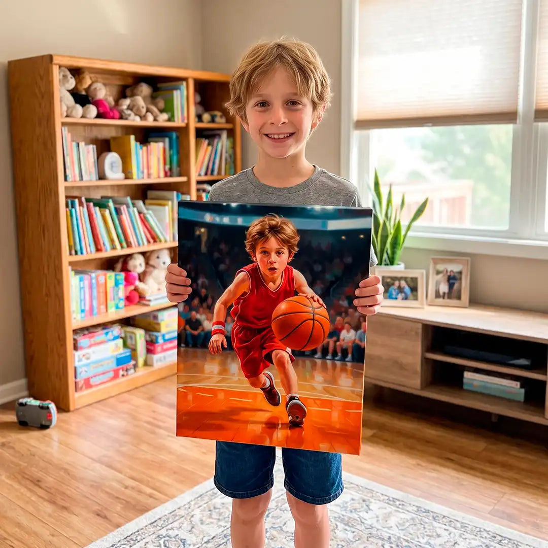 A young boy stands in a living room holding a large custom photo print of himself playing basketball. The print shows him in a red jersey dribbling an orange basketball on a court.
