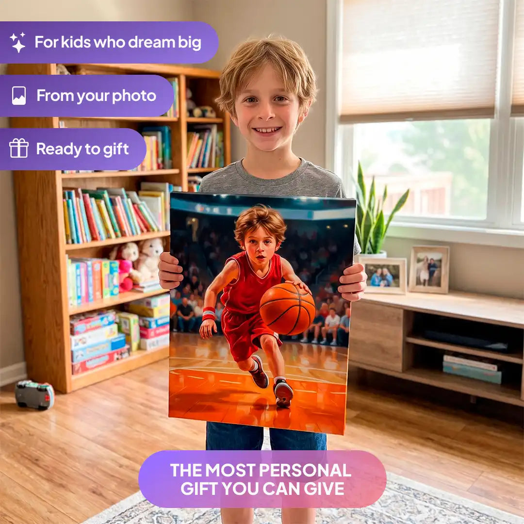 Boy holding a Basketball Star canvas portrait from Milo Portrait in a living room.