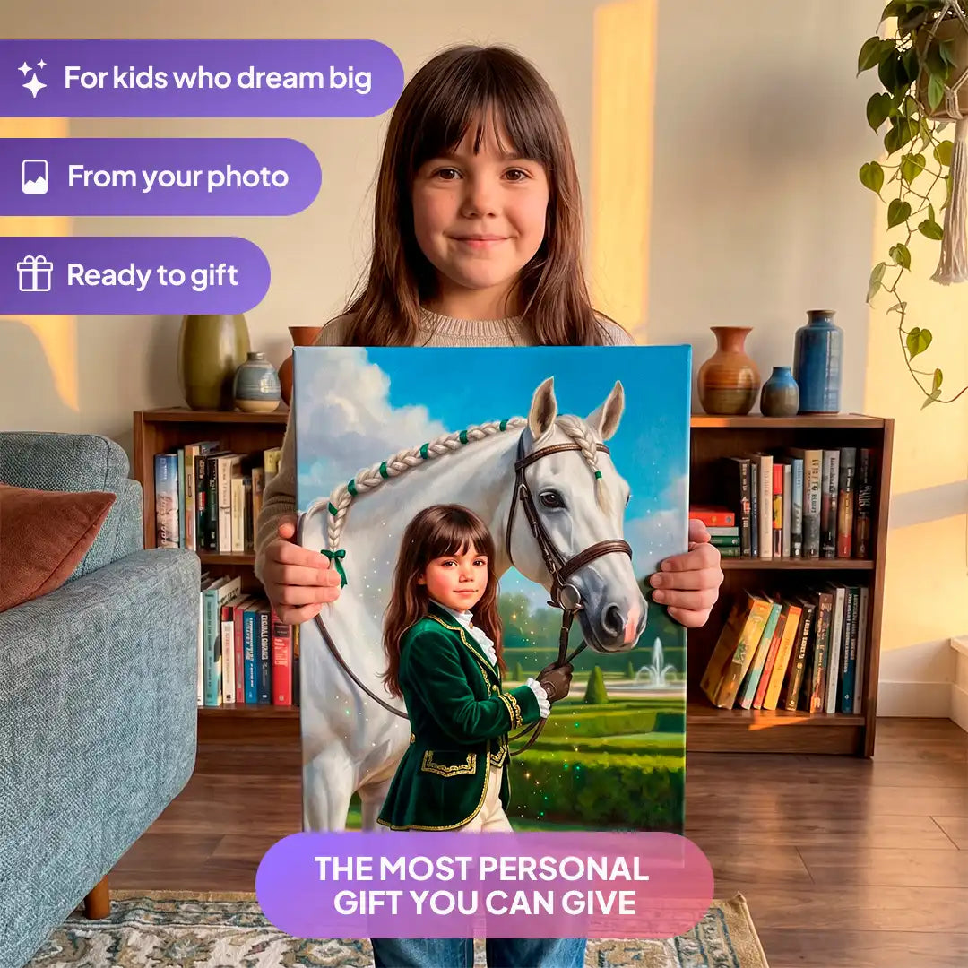 Girl holding a Palace Princess canvas portrait from Milo Portrait in a living room.