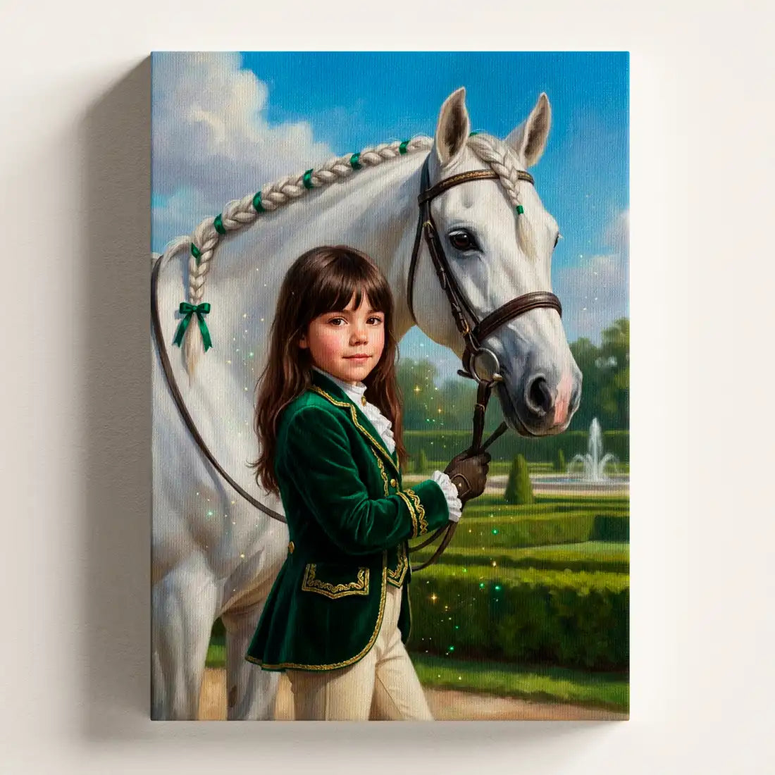 A custom portrait canvas print of a young girl in a green velvet equestrian jacket riding a white horse in a formal garden. The canvas is shown as a mock-up against a light beige wall.