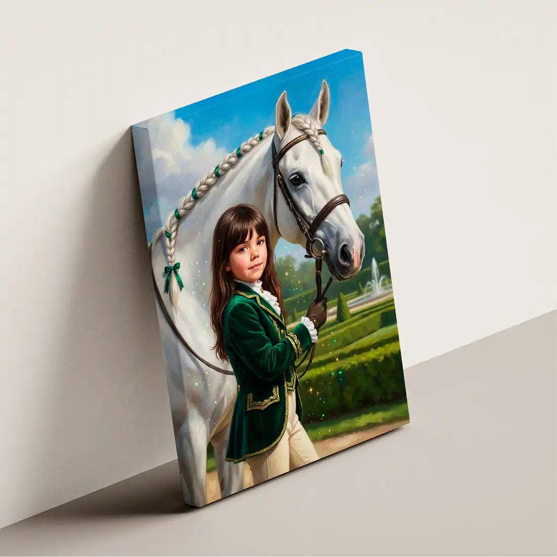 A custom canvas portrait print leaning against a neutral wall. The artwork depicts a young girl in a green riding jacket standing next to a white horse with a braided mane under a blue sky.