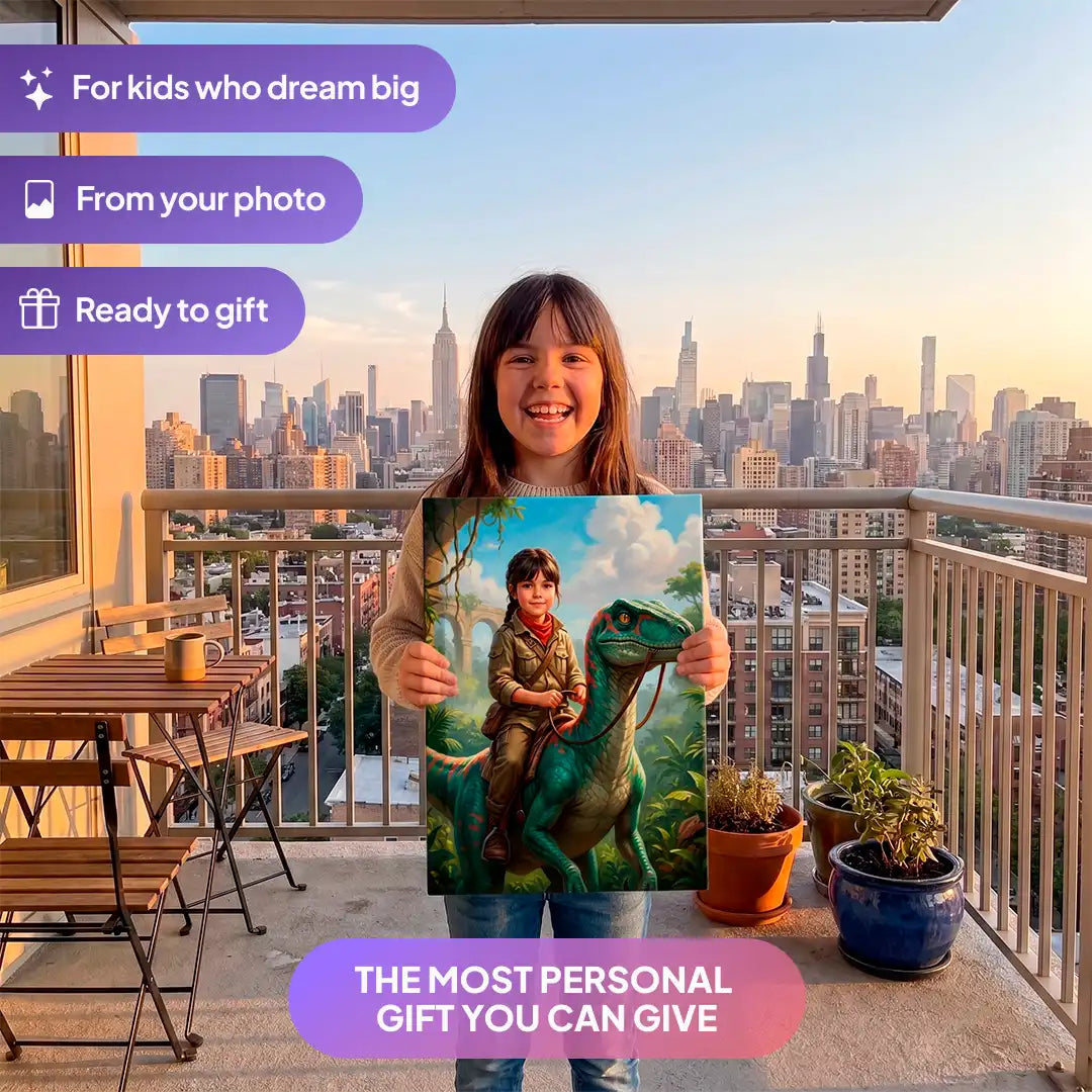 Girl holding a Dino Rider canvas portrait from Milo Portrait on a balcony.