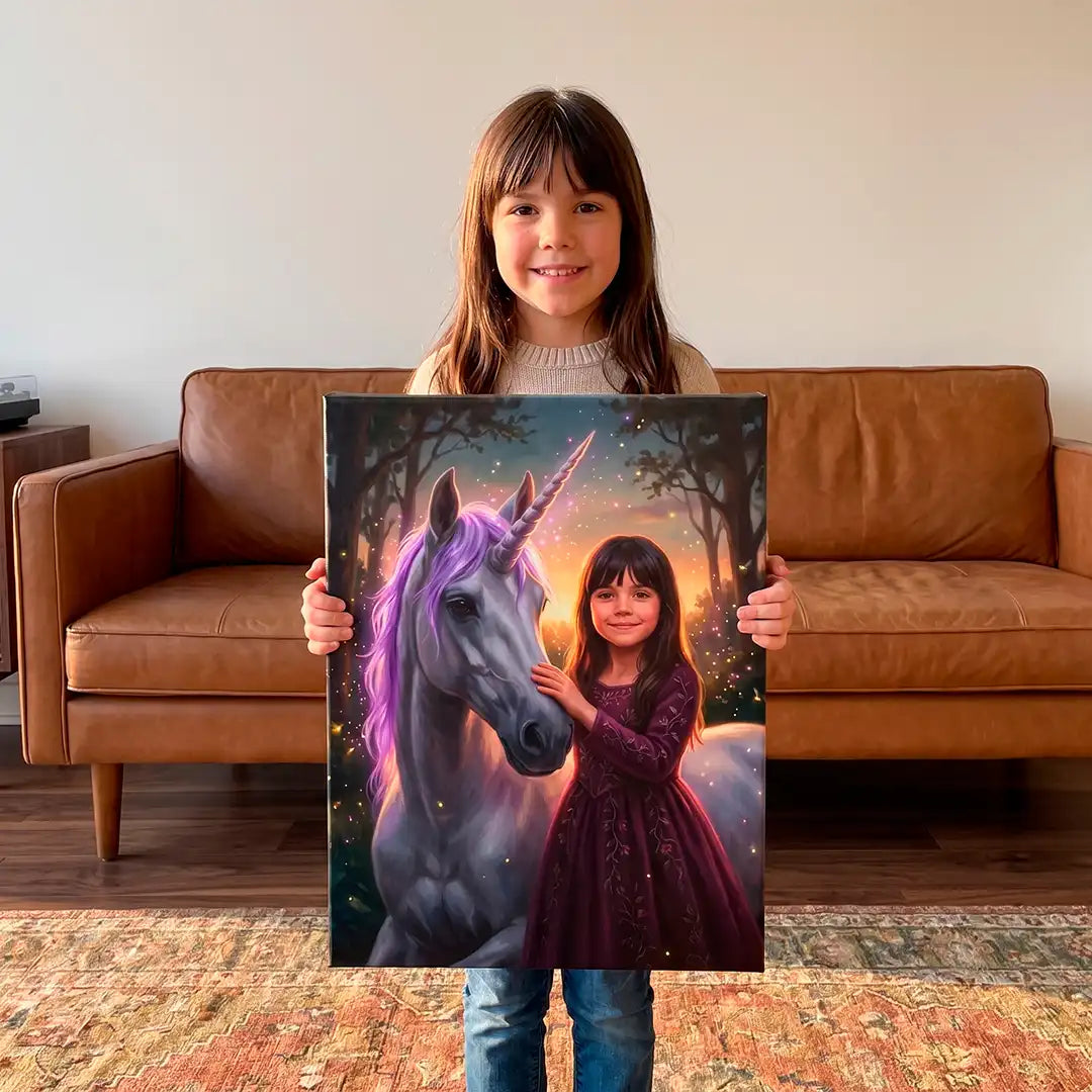 A young girl stands in a living room holding a custom canvas painting of herself with a unicorn. The painting features a dark forest background with a glowing orange sunset and a purple unicorn with a pink horn.
