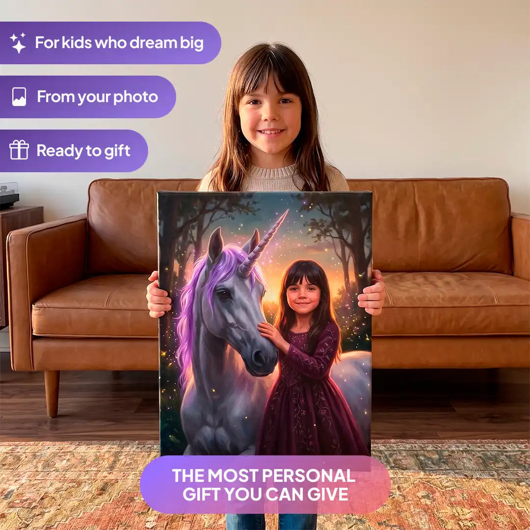 Girl holding a Twilight Unicorn canvas portrait from Milo Portrait in a living room.