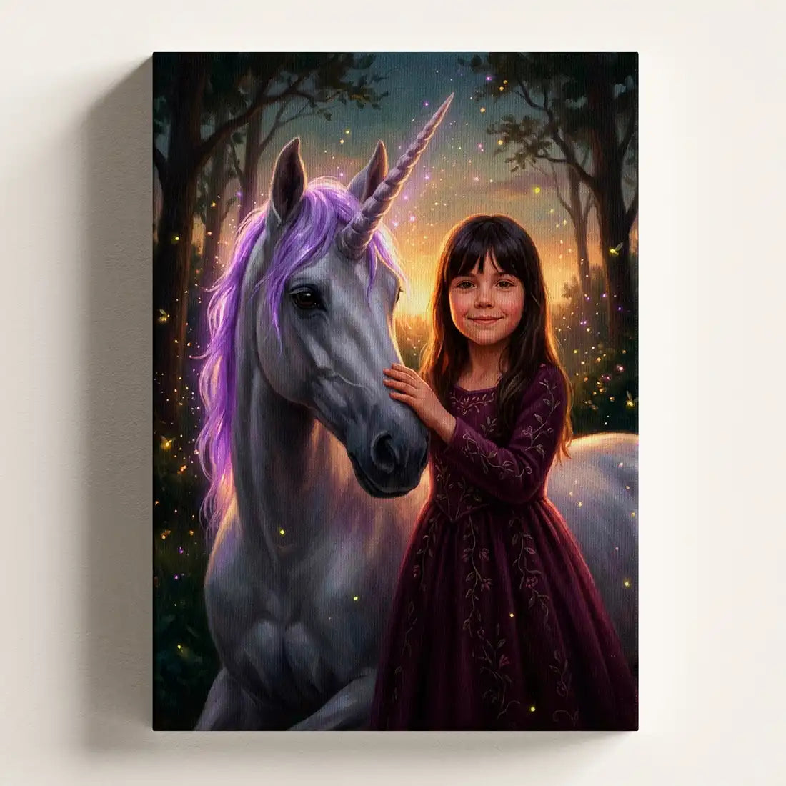 A vertical canvas wall art print depicting a young girl in a dark purple dress touching the neck of a white unicorn with a purple mane in a glowing forest at night.