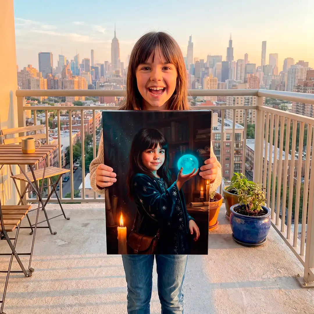 A young girl stands on a balcony holding a custom portrait print of herself with a glowing blue orb and candles. The background shows a city skyline at sunset.