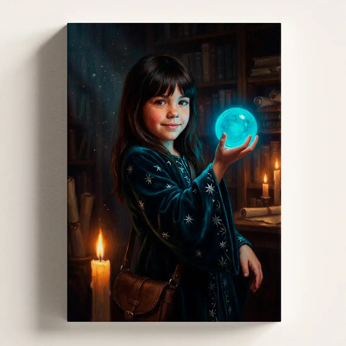A vertical wall art print or canvas showing a young girl in a dark blue embroidered robe holding a glowing blue orb, set against a dimly lit library scene with candles and bookshelves. The artwork is photographed hanging on a light neutral wall.