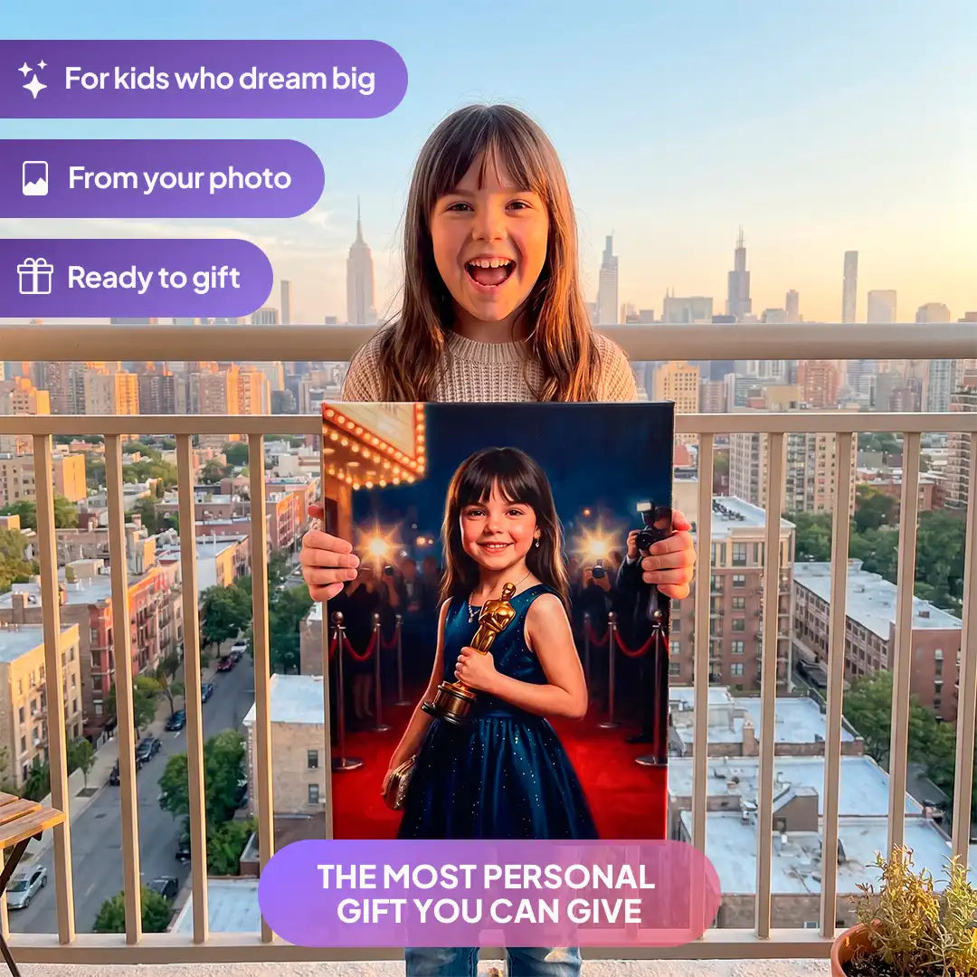 Girl holding a Movie Star canvas portrait from Milo Portrait on a balcony.