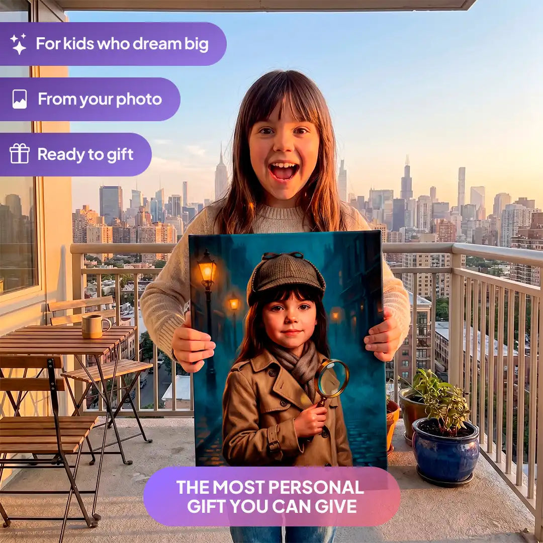 Girl holding a Junior Detective canvas portrait from Milo Portrait on a balcony.