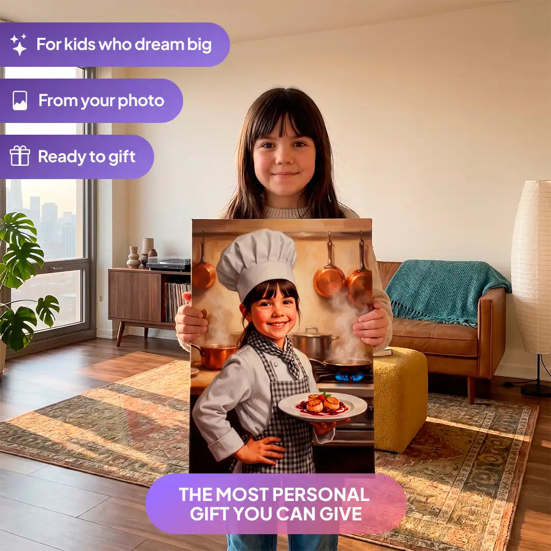 Girl holding a Little Chef canvas portrait from Milo Portrait in a living room.