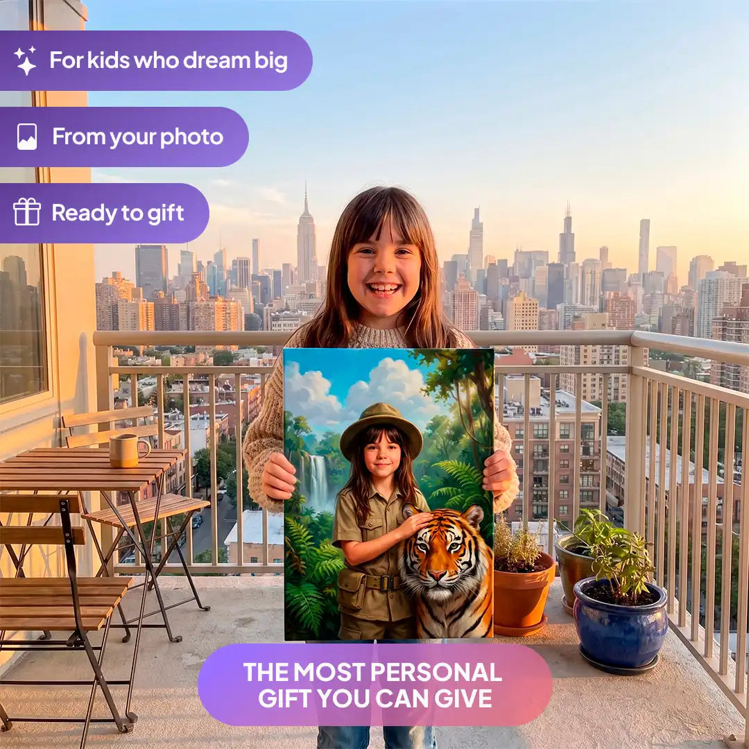 Girl holding a Tiger Keeper canvas portrait from Milo Portrait on a balcony.
