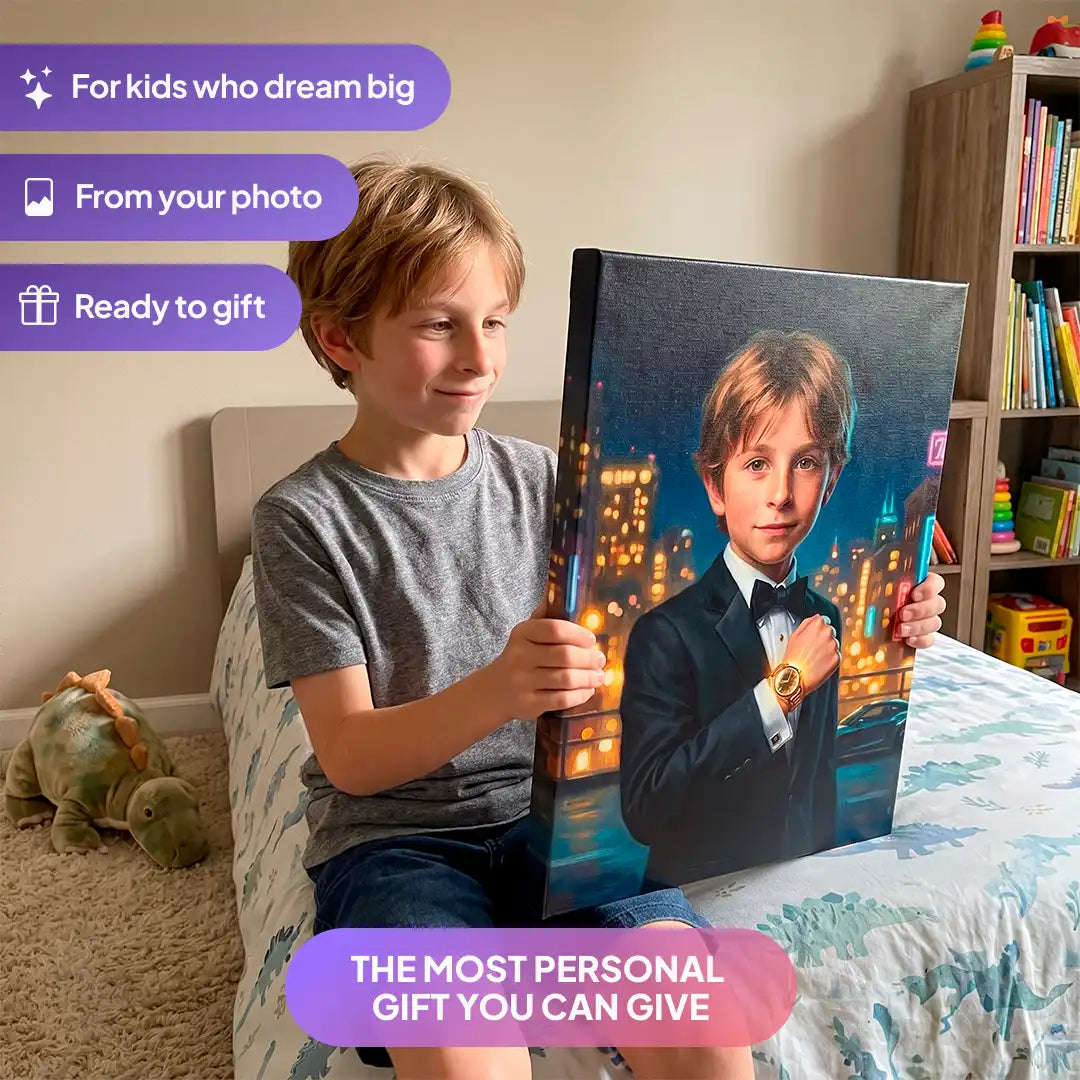 Boy holding a Secret Agent canvas portrait from Milo Portrait in a bedroom.