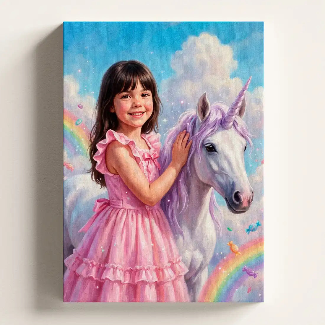 A vertical canvas wall art print depicting a young girl in a pink dress hugging a white unicorn under a blue sky with clouds and rainbows, shown hanging on a light wall.