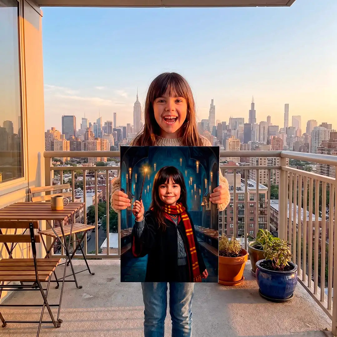 A young girl stands on a balcony holding up a custom portrait print of herself, with a real city skyline in the background at sunset.