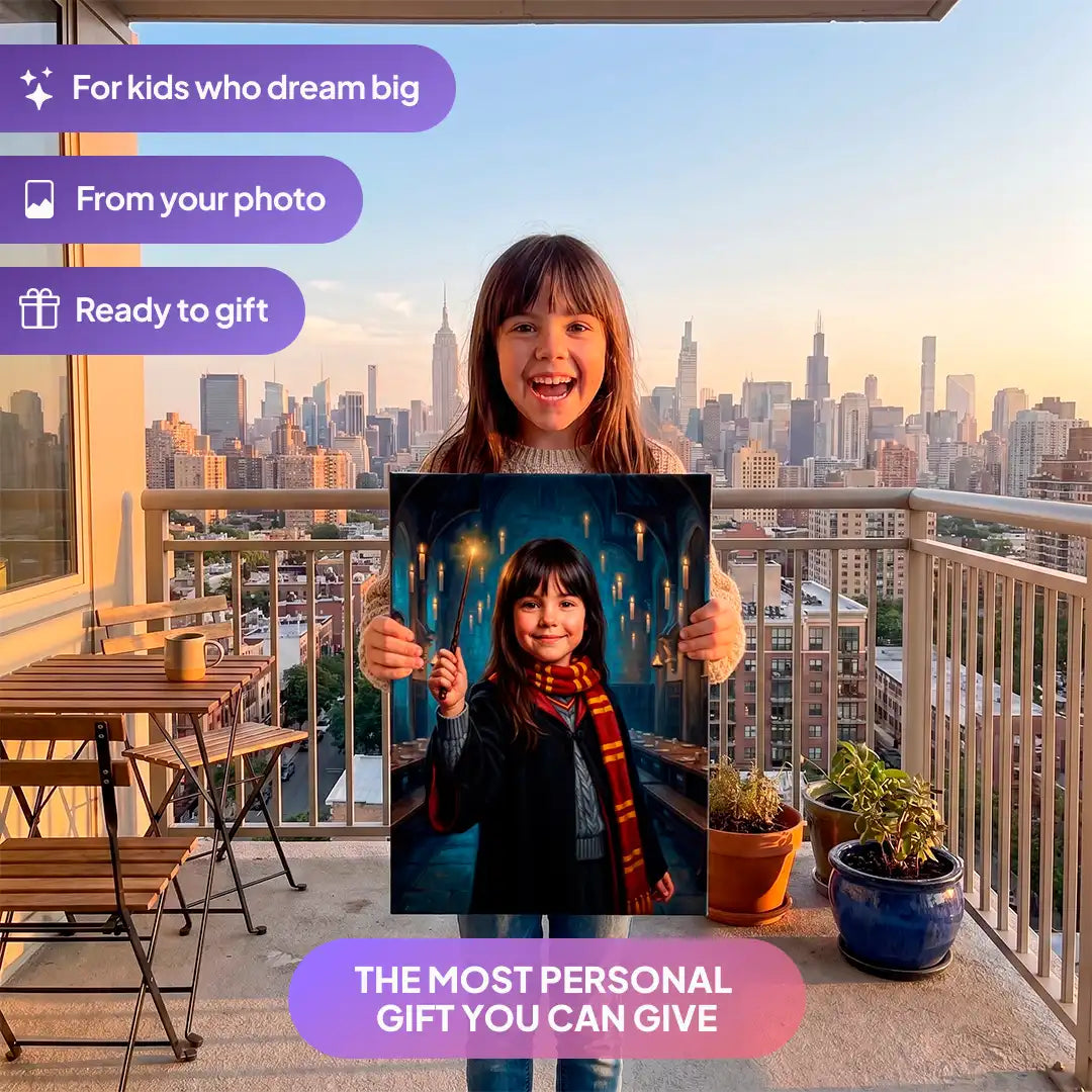 Girl holding a Wizard Student canvas portrait from Milo Portrait on a balcony.