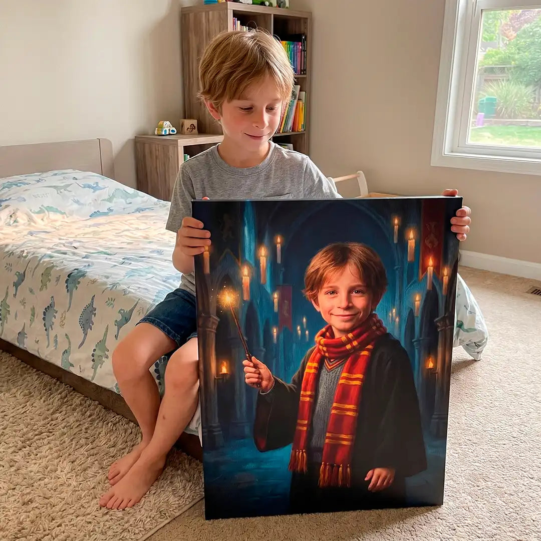 A young boy sits on a bed in a bedroom, holding up a custom portrait canvas print of himself dressed in a Harry Potter-style robe and red-and-gold striped scarf, with glowing torches in the background.