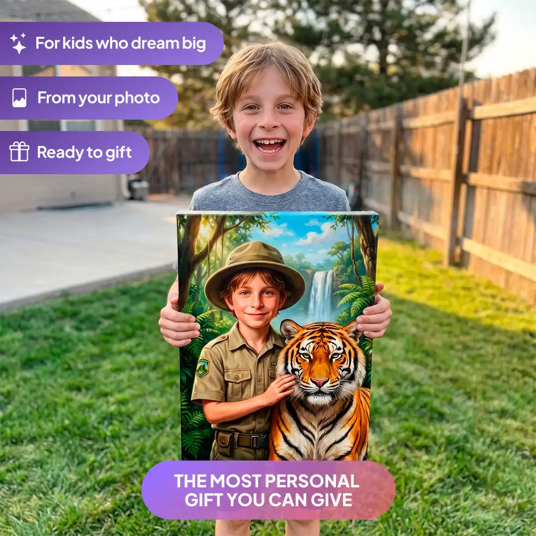 Boy holding a Tiger Keeper canvas portrait from Milo Portrait in a garden.