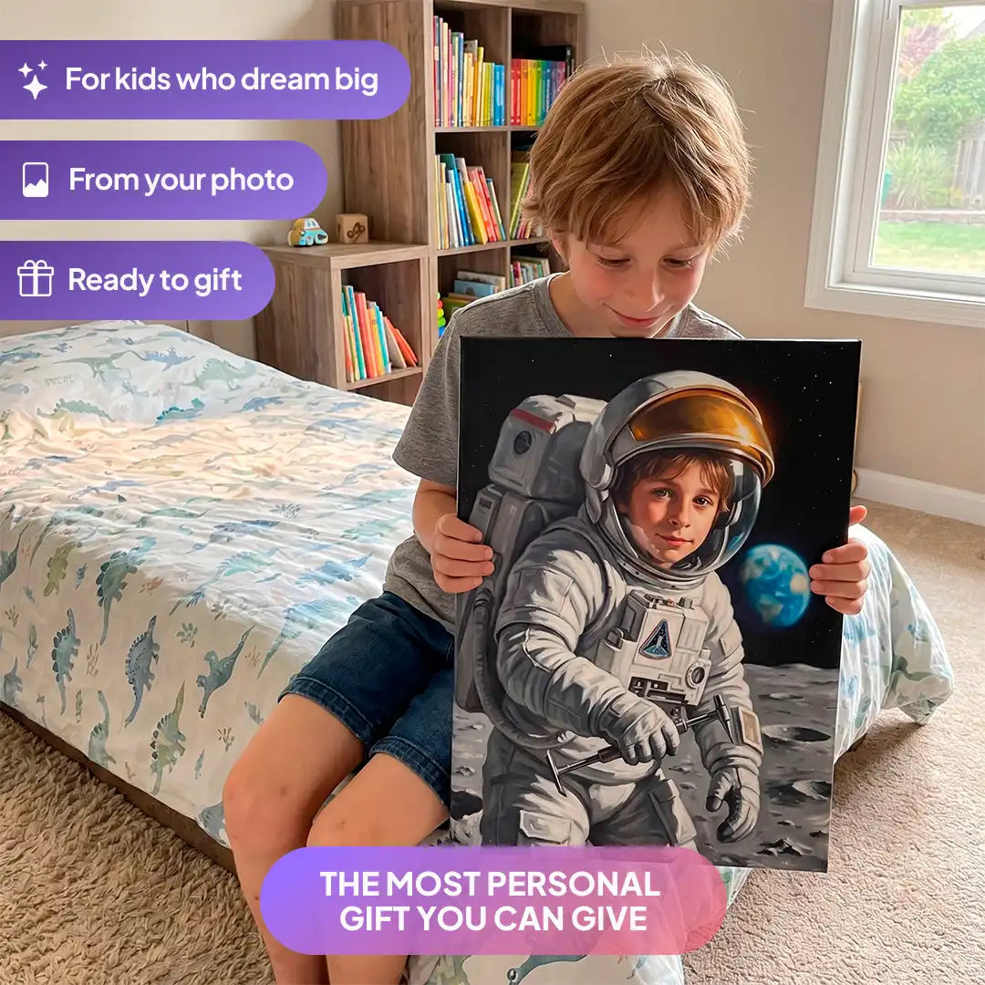 Boy holding a Moon Astronaut canvas portrait from Milo Portrait in a bedroom.