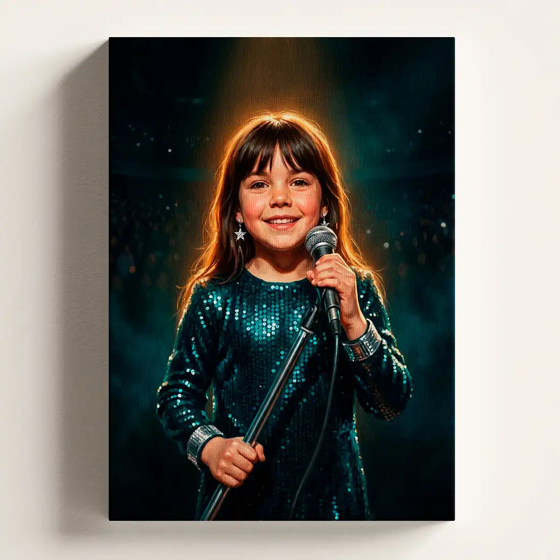 Stage Singer personalized canvas portrait by Milo Portrait, young singer under a single warm spotlight on a vast dark arena stage.