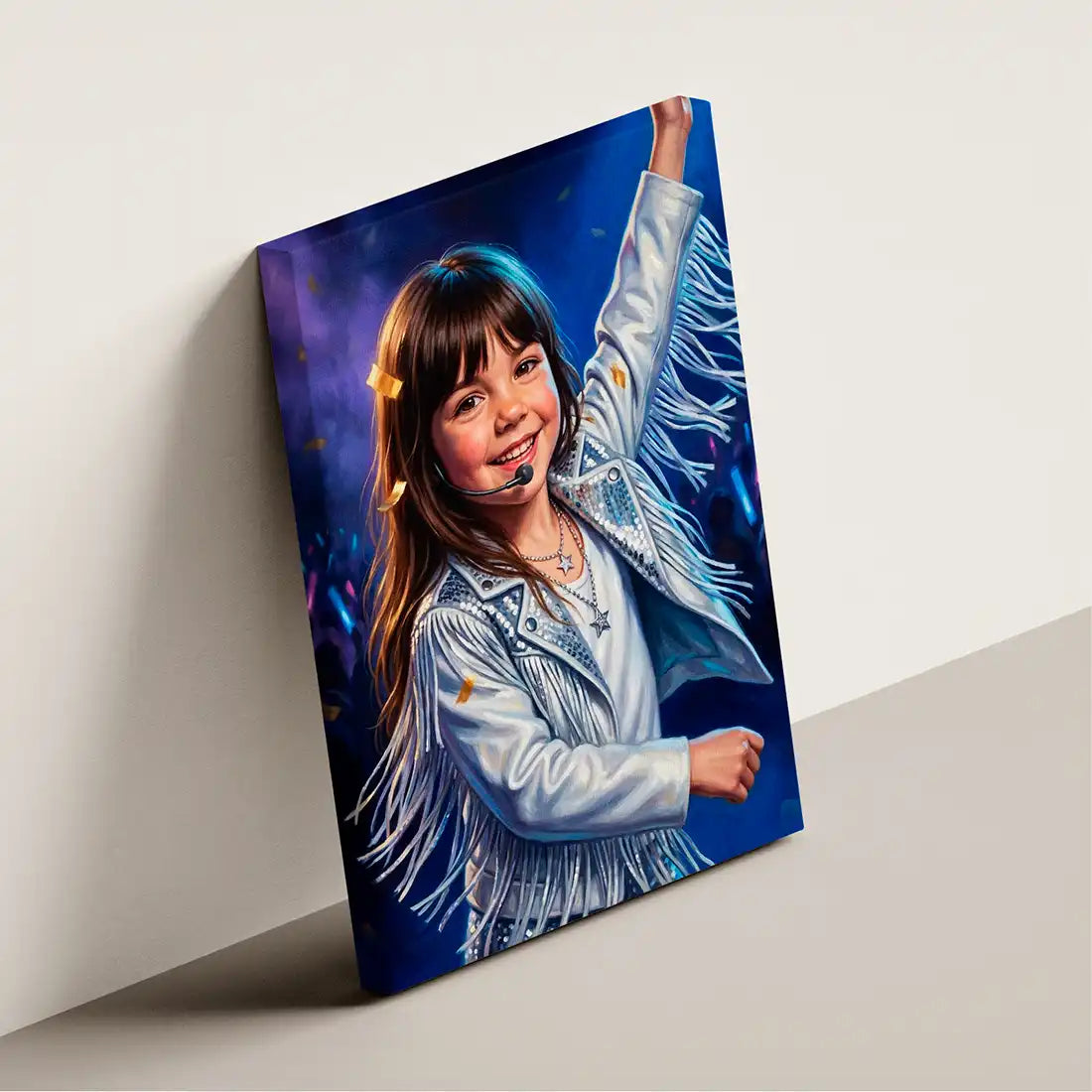 Concert Star canvas wall art by Milo Portrait, pop star caught mid-turn in a dance step as gold confetti falls across a blue-lit stage, shown at an angle.