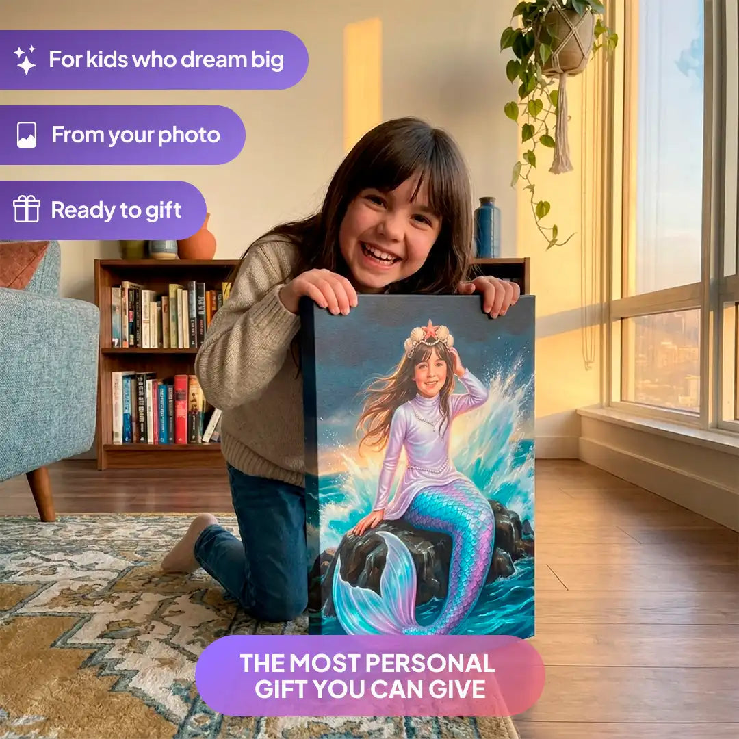 Girl holding a Splash Mermaid canvas portrait from Milo Portrait in a living room.