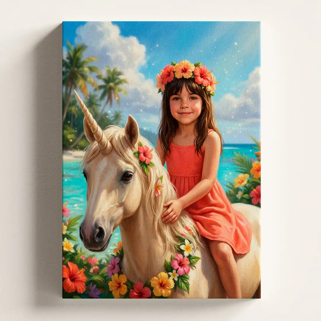 A vertical canvas wall art print featuring a colorful digital painting of a young girl with a flower crown riding a unicorn on a tropical beach. The canvas is shown hanging on a light beige wall.