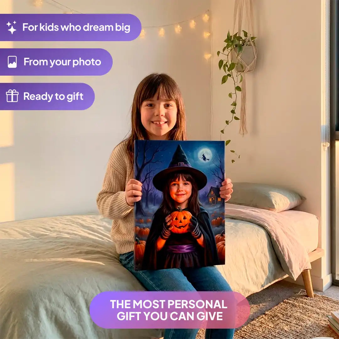 Girl holding a Pumpkin Witch canvas portrait from Milo Portrait in a bedroom.