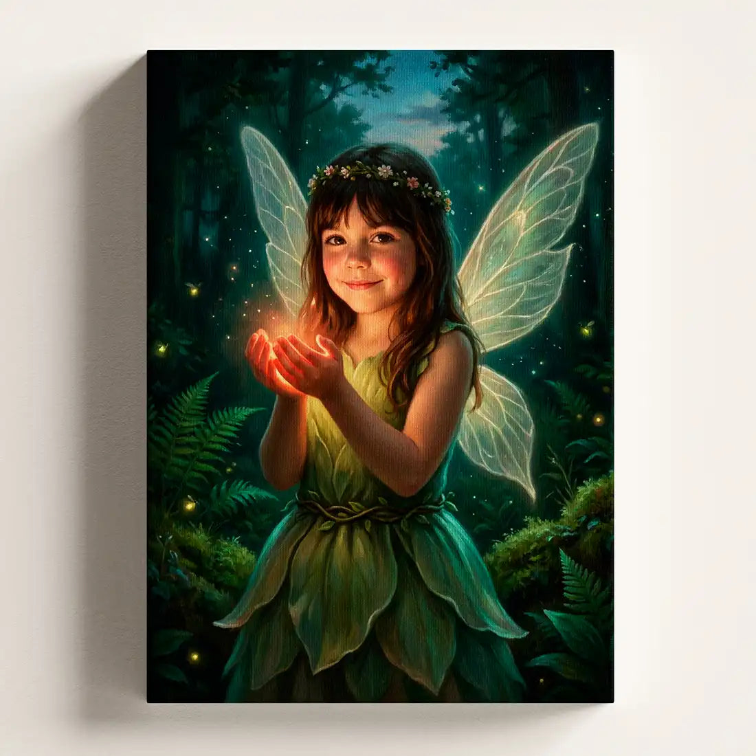 Enchanted Fairy personalized canvas portrait by Milo Portrait, woodland fairy cupping a firefly light in a deep forest clearing at dusk.
