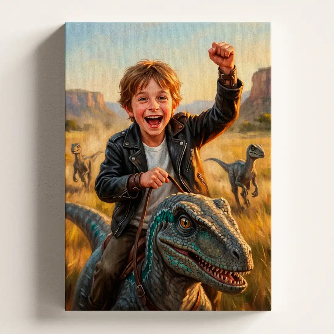 Raptor Rider personalized canvas portrait by Milo Portrait, rider on a sprinting raptor with his fist punched to the sky at golden hour.