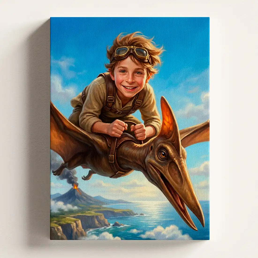 Pterodactyl Rider personalized canvas portrait by Milo Portrait, rider soaring on a pterodactyl high above sunlit coastal cliffs.