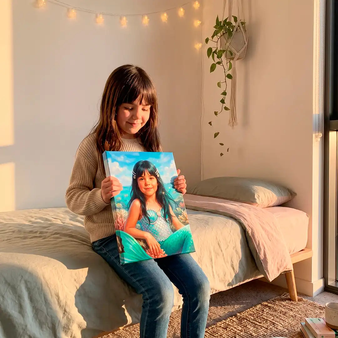 A young girl sits on a bed in a warm, sunlit bedroom, holding a custom photo canvas print of herself. The print features a bright blue sky and ocean background with her in a turquoise swimsuit.