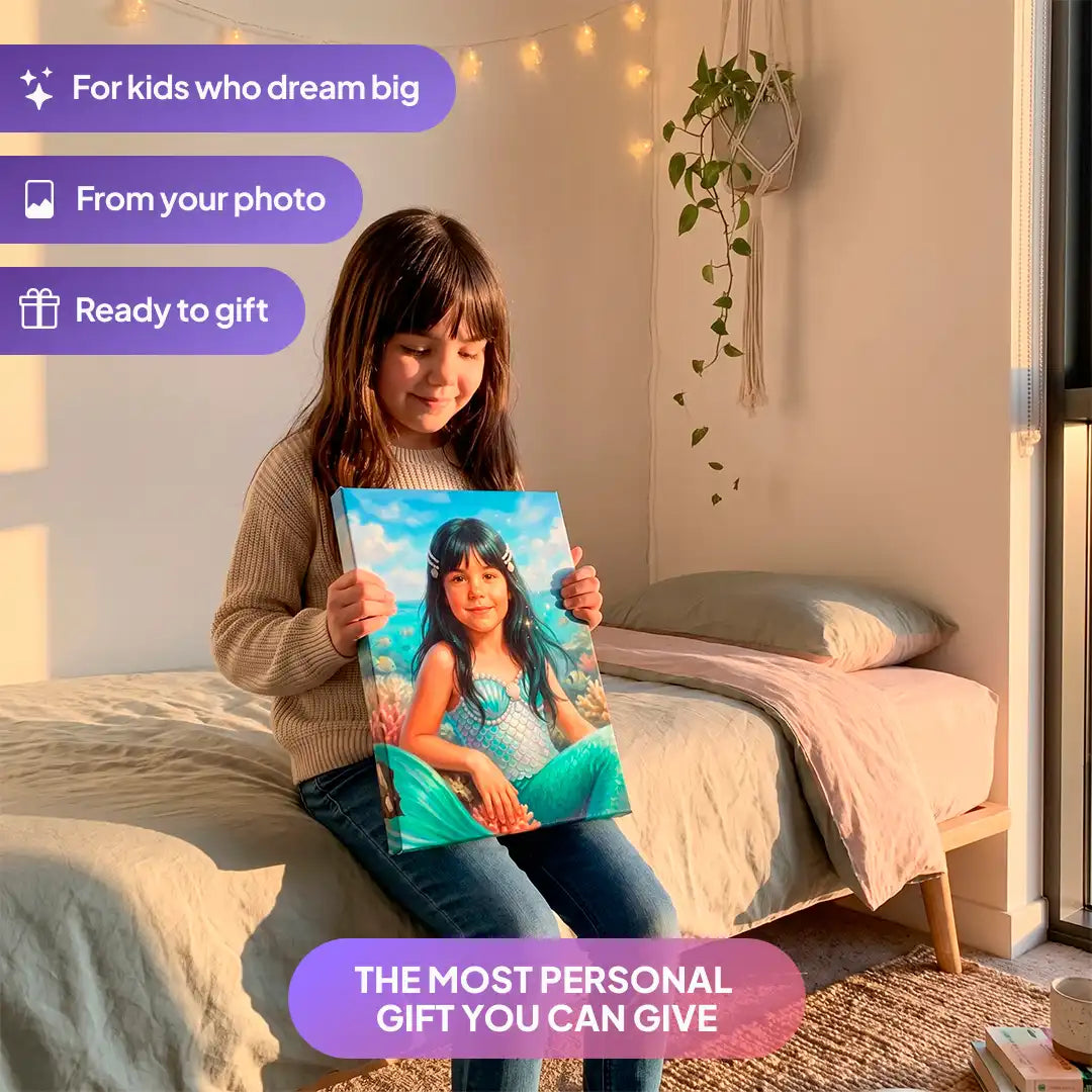 Girl holding a Coral Mermaid canvas portrait from Milo Portrait in a bedroom.