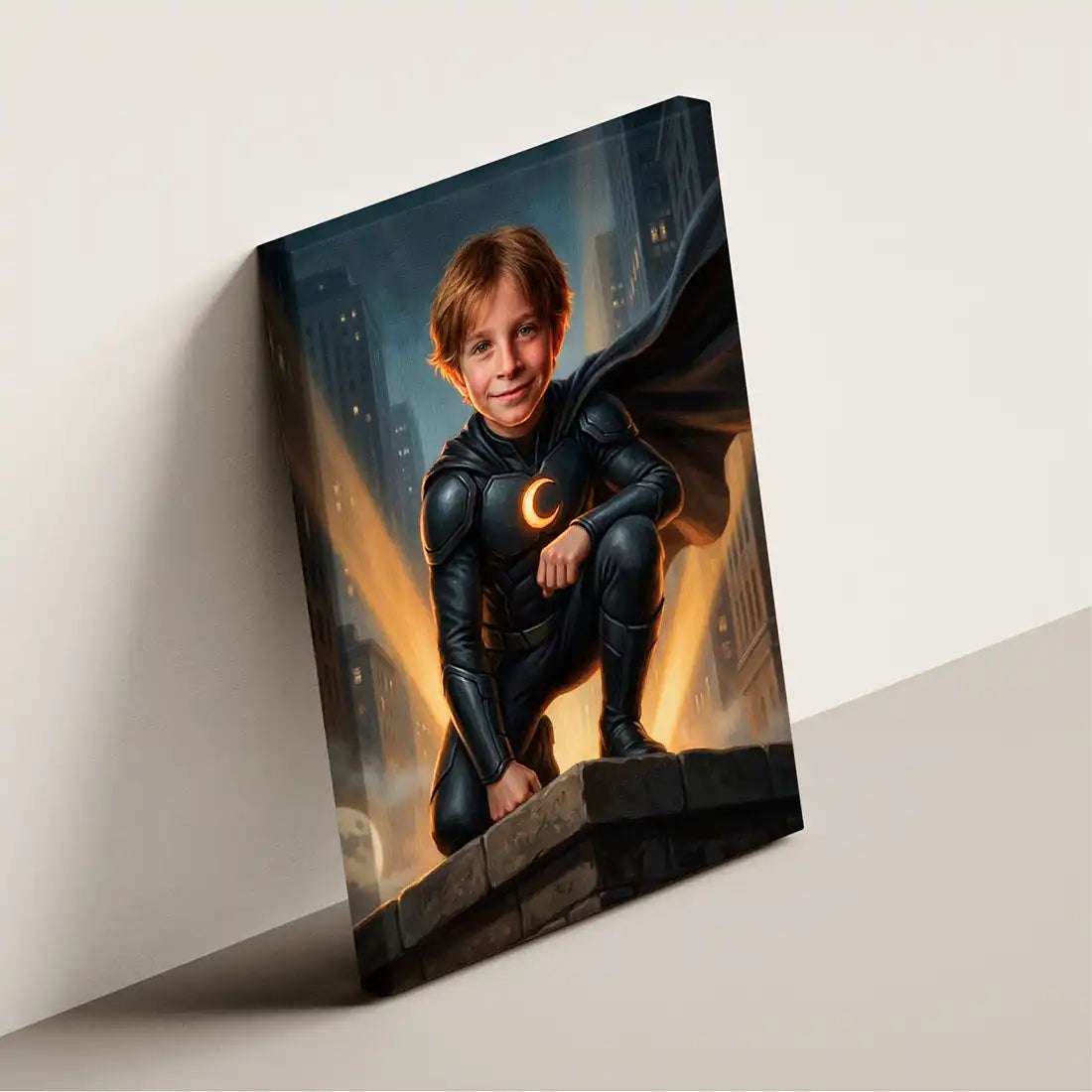 Night Hero canvas wall art by Milo Portrait, cloaked night guardian on a rooftop above a warmly lit city, shown at an angle.