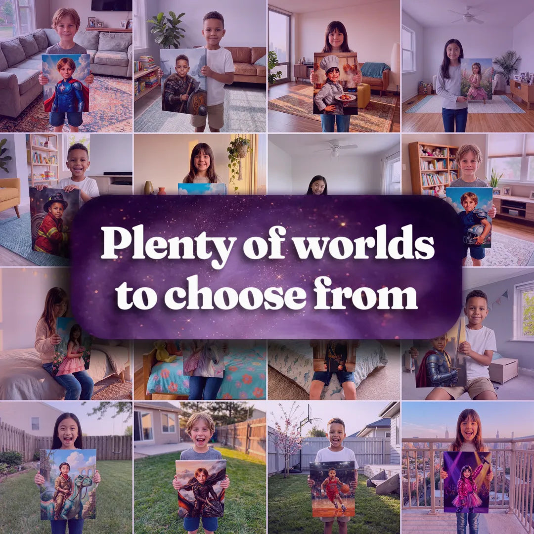 Sixteen children at home holding their own Milo Portrait canvas: superhero, knight, chef, fairy, firefighter, unicorn, footballer and more.