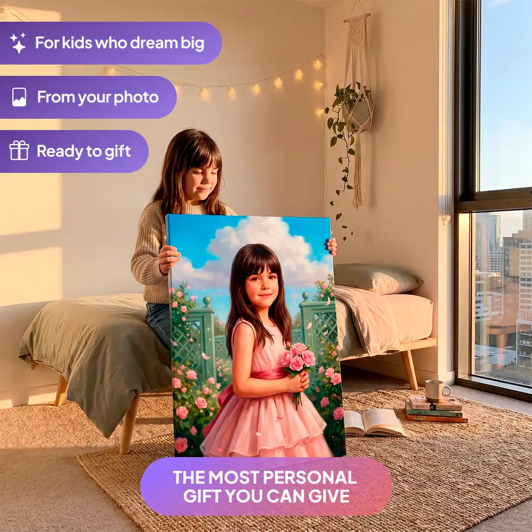 Girl holding a Rose Princess canvas portrait from Milo Portrait in a bedroom.