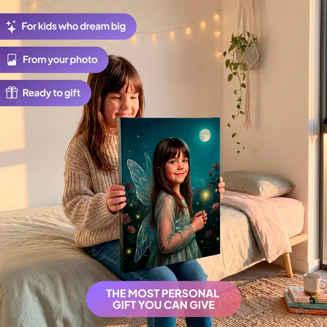 Girl holding a Moonlit Fairy canvas portrait from Milo Portrait in a bedroom.